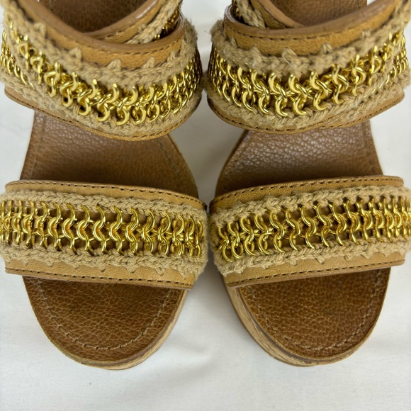 Tory Burch Lucian Sandals Leather Gold Chain Strappy Platform Wedges Tan Size 6 - Picture 7 of 15
